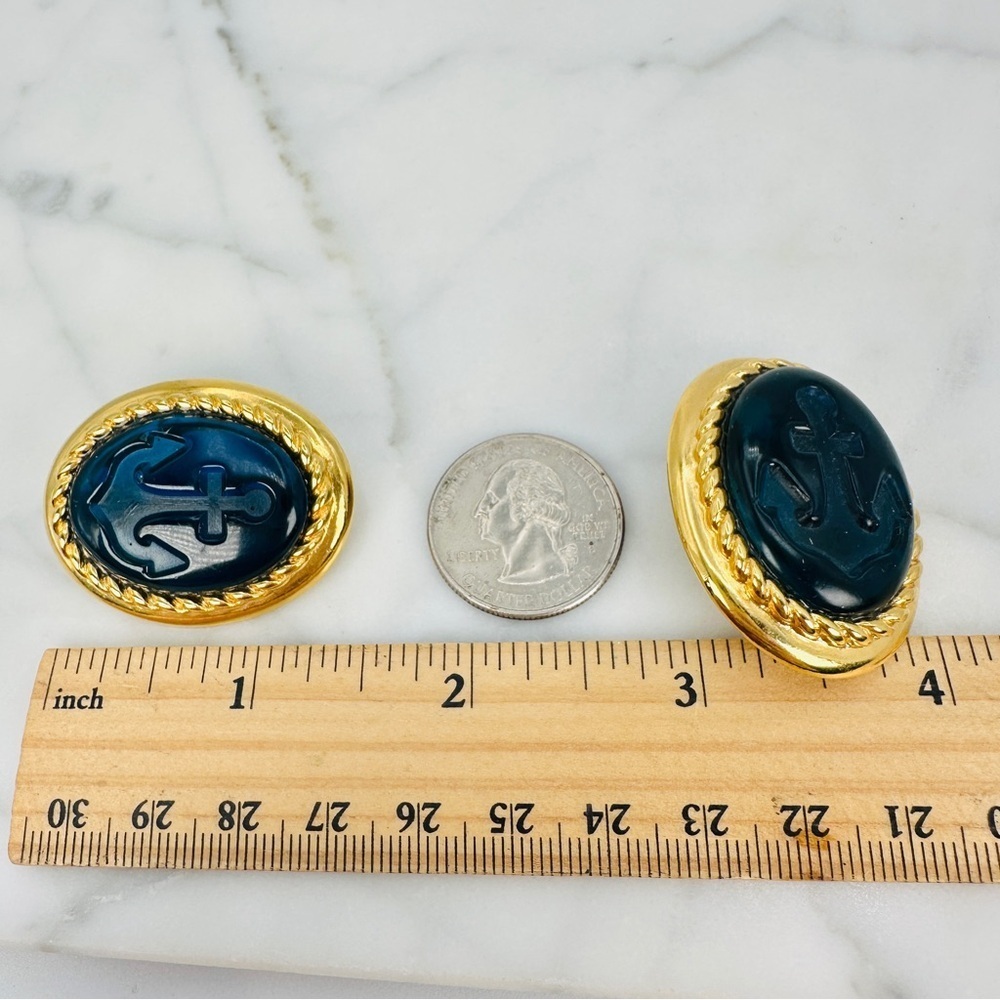Vintage Trifari Blue Anchor Earrings Clip On Blue Gold Large Signed Statement - Picture 7 of 9